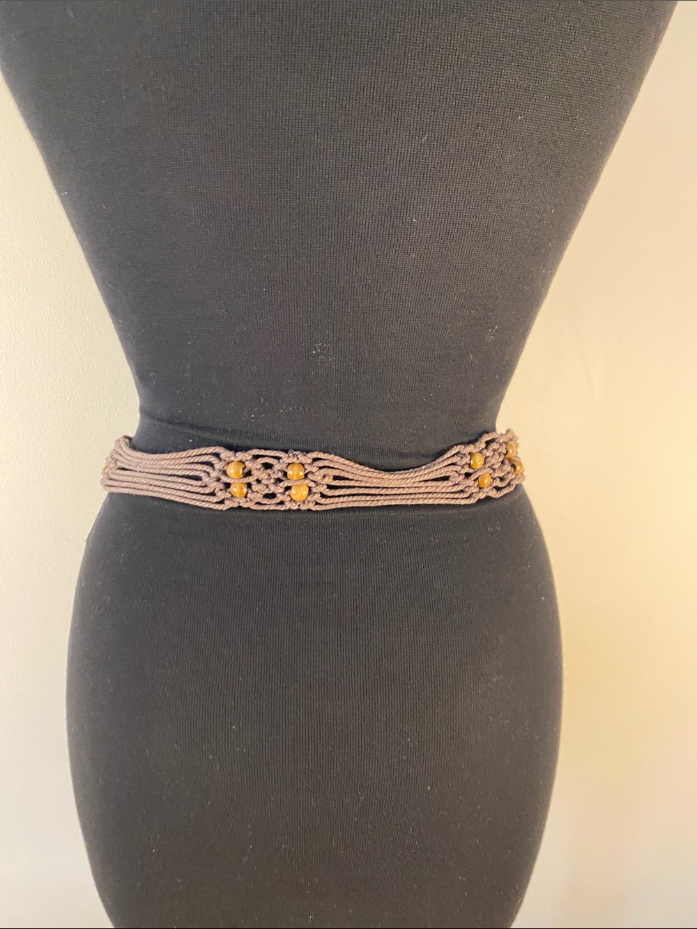 Boho Macramé Waist Belt with Wood Bead Accents - Brown - Picture 3 of 7